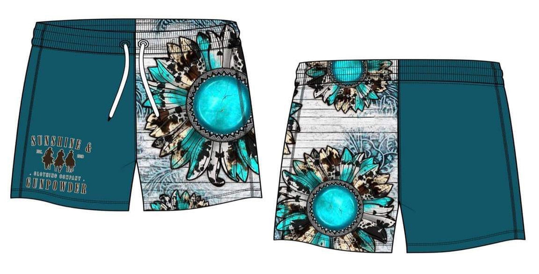 Turquoise Flower Footy Shorts